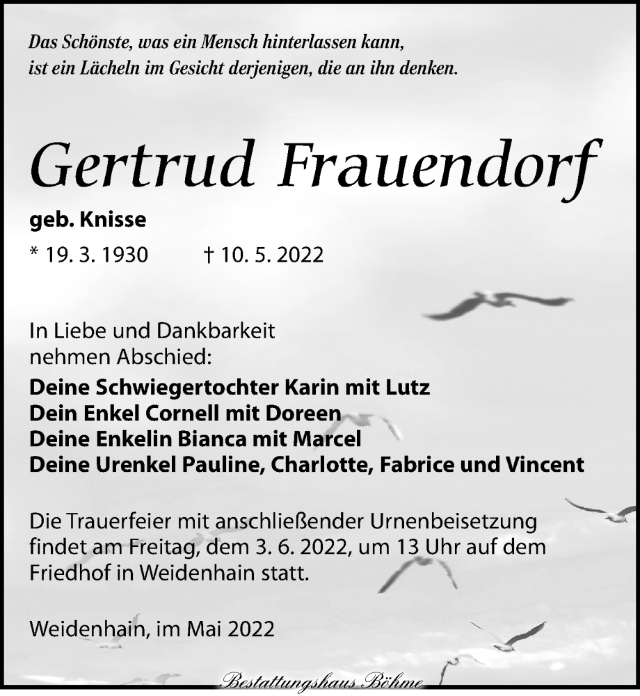  Traueranzeige für Gertrud Frauendorf vom 21.05.2022 aus Torgauer Zeitung