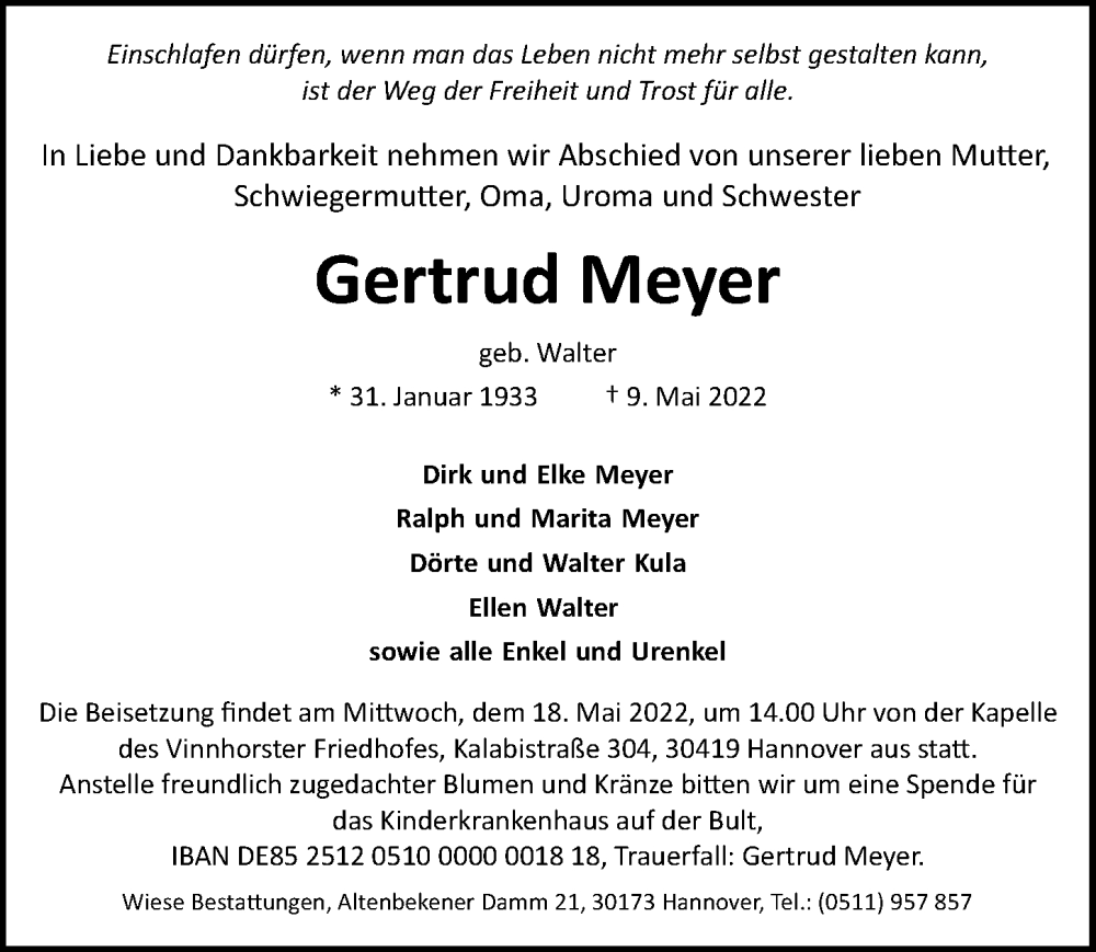  Traueranzeige für Gertrud Meyer vom 14.05.2022 aus Hannoversche Allgemeine Zeitung/Neue Presse