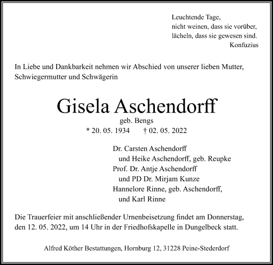 Traueranzeige von Gisela Aschendorff von Madsack GmbH