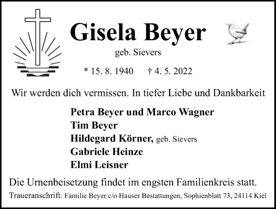 Traueranzeige von Gisela Beyer von Kieler Nachrichten