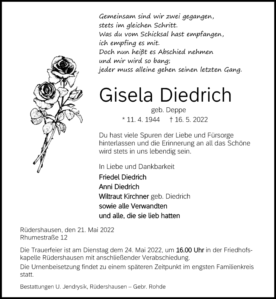  Traueranzeige für Gisela Dietrich vom 21.05.2022 aus Eichsfelder Tageblatt