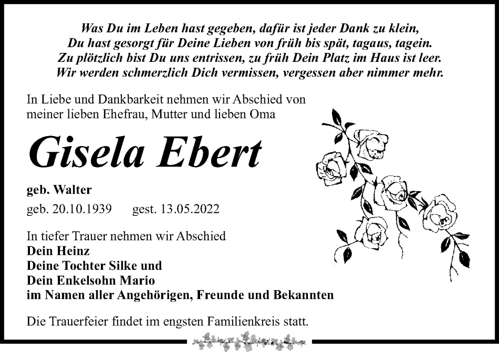  Traueranzeige für Gisela Ebert vom 21.05.2022 aus Leipziger Volkszeitung