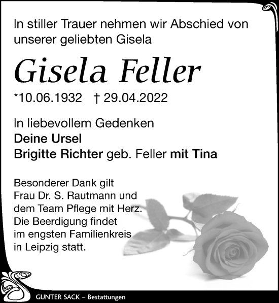 Traueranzeige von Gisela Feller von Leipziger Volkszeitung