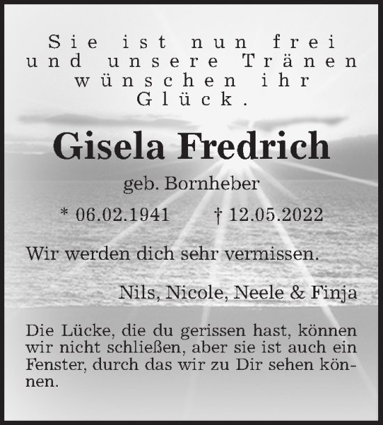 Traueranzeige von Gisela Fredrich von Hannoversche Allgemeine Zeitung/Neue Presse