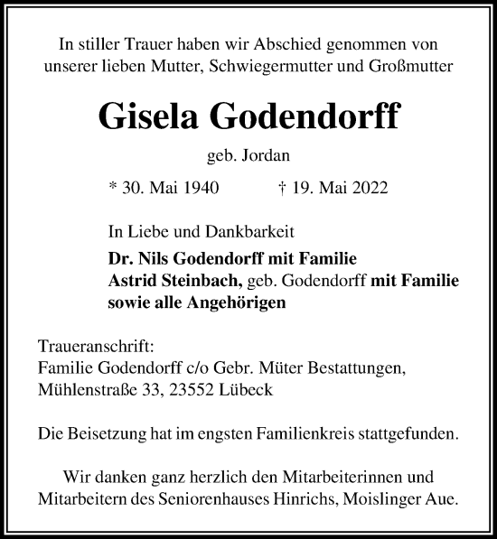 Traueranzeige von Gisela Godendorff von Lübecker Nachrichten