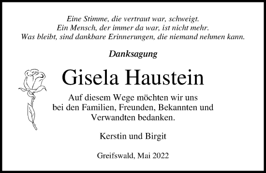 Traueranzeige von Gisela Haustein von Ostsee-Zeitung GmbH