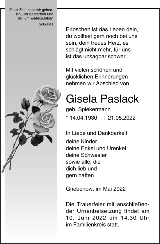 Traueranzeige von Gisela Paslack von Ostsee-Zeitung GmbH