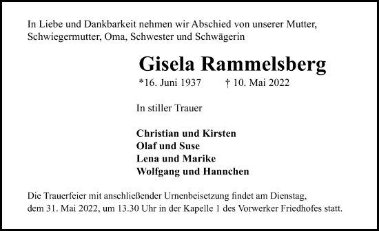 Traueranzeige von Gisela Rammelsberg von Lübecker Nachrichten