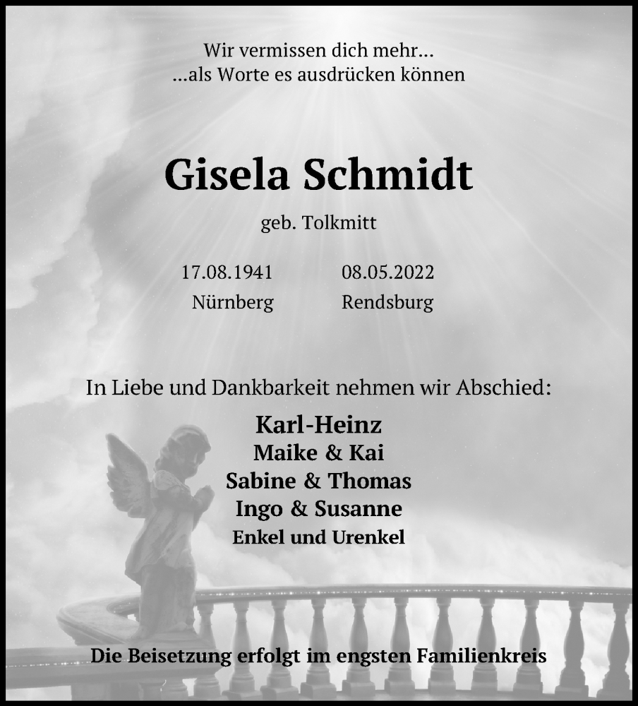  Traueranzeige für Gisela Schmidt vom 14.05.2022 aus Kieler Nachrichten
