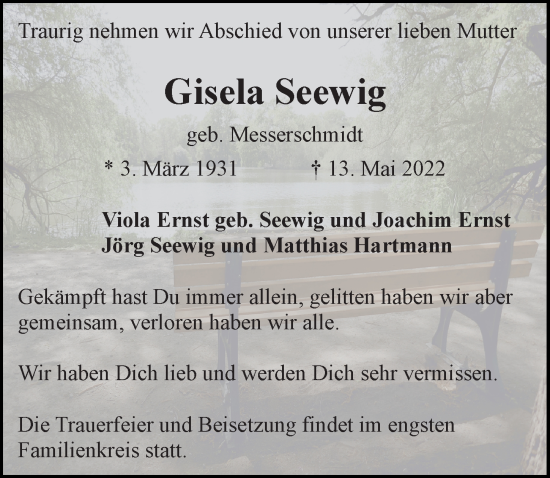 Traueranzeige von Gisela Seewig von Hannoversche Allgemeine Zeitung/Neue Presse