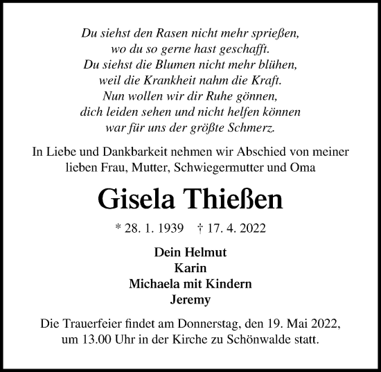 Traueranzeige von Gisela Thießen von Lübecker Nachrichten