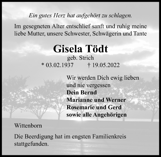 Traueranzeige von Gisela Tödt von Kieler Nachrichten