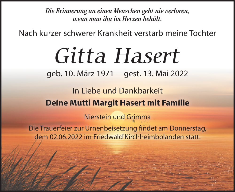 Traueranzeige für Gitta Hasert vom 21.05.2022 aus Leipziger Volkszeitung