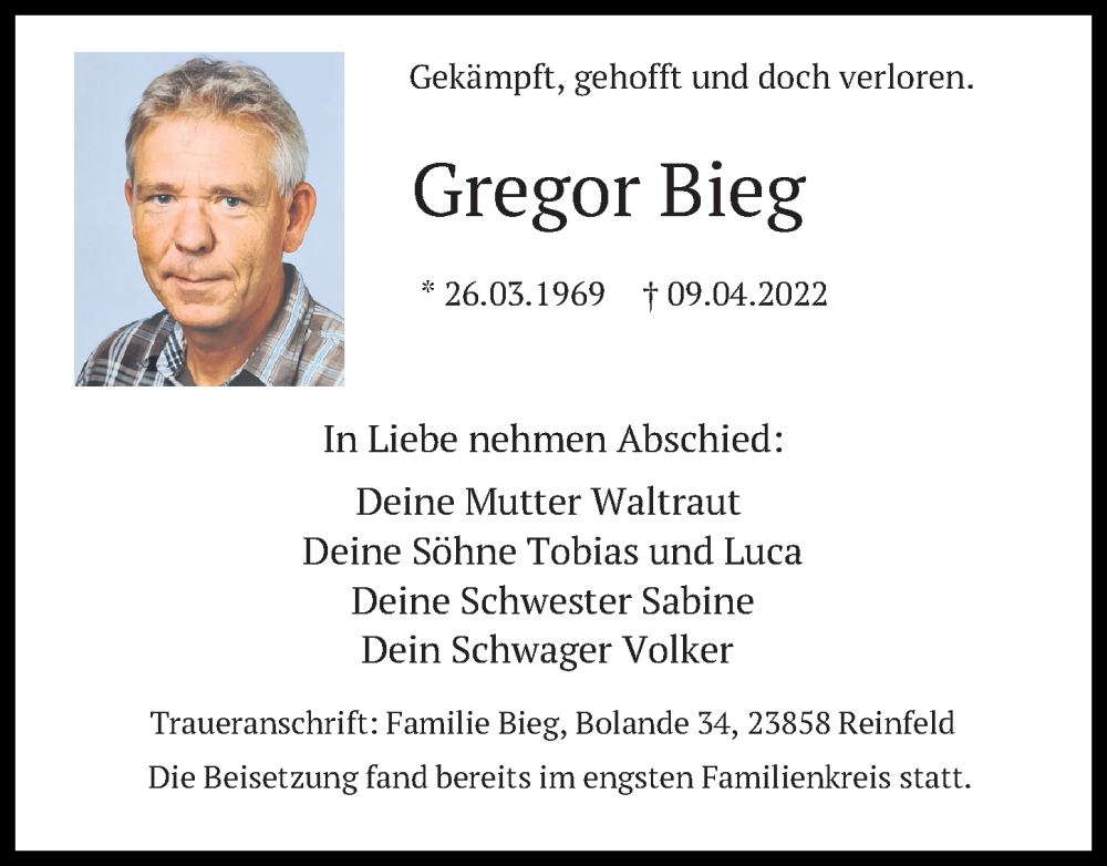  Traueranzeige für Gregor Bieg vom 07.05.2022 aus Lübecker Nachrichten
