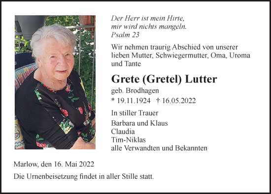 Traueranzeige von Grete  Lutter von Ostsee-Zeitung GmbH