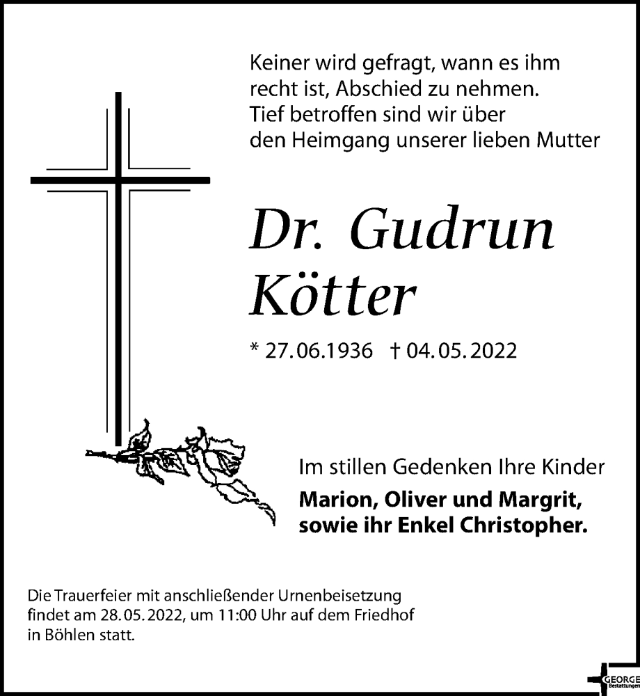  Traueranzeige für Gudrun Kötter vom 21.05.2022 aus Leipziger Volkszeitung