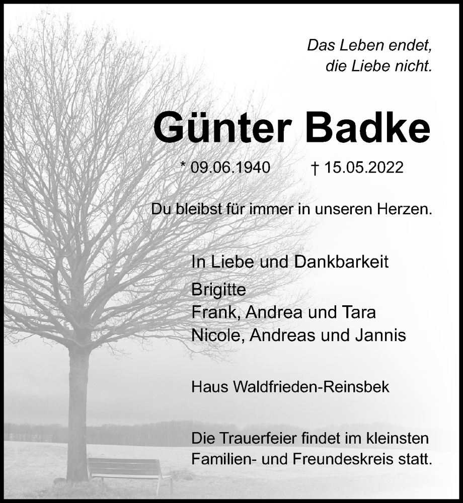  Traueranzeige für Günter Badke vom 18.05.2022 aus Lübecker Nachrichten