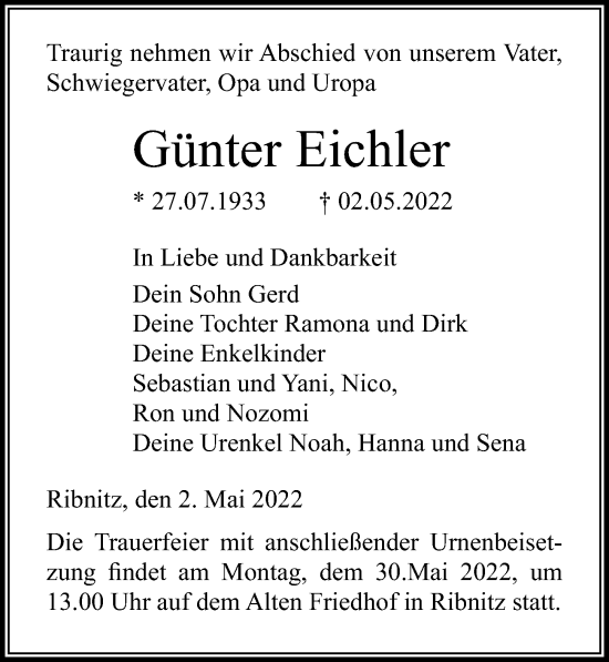 Traueranzeige von Günter Eichler von Ostsee-Zeitung GmbH