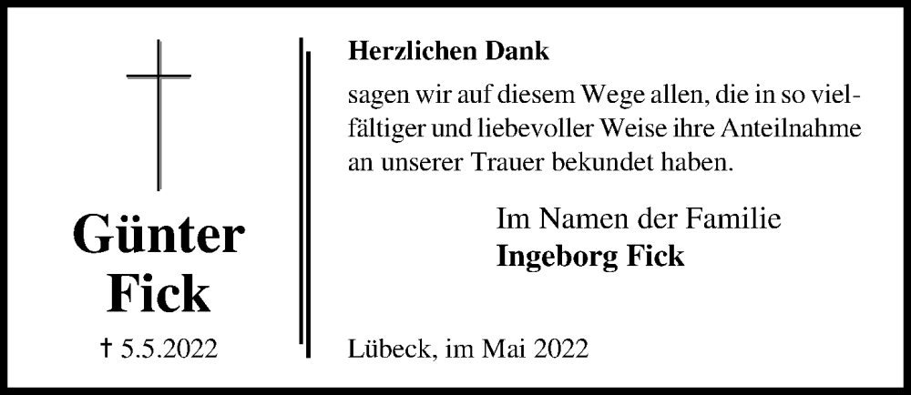  Traueranzeige für Günter Fick vom 29.05.2022 aus Lübecker Nachrichten