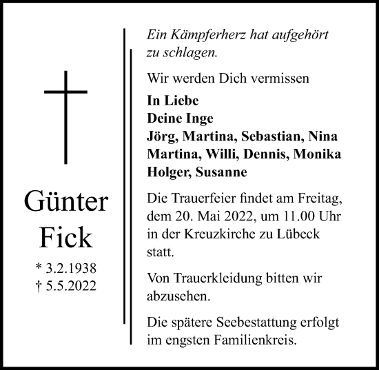 Traueranzeige von Günter Fick von Lübecker Nachrichten