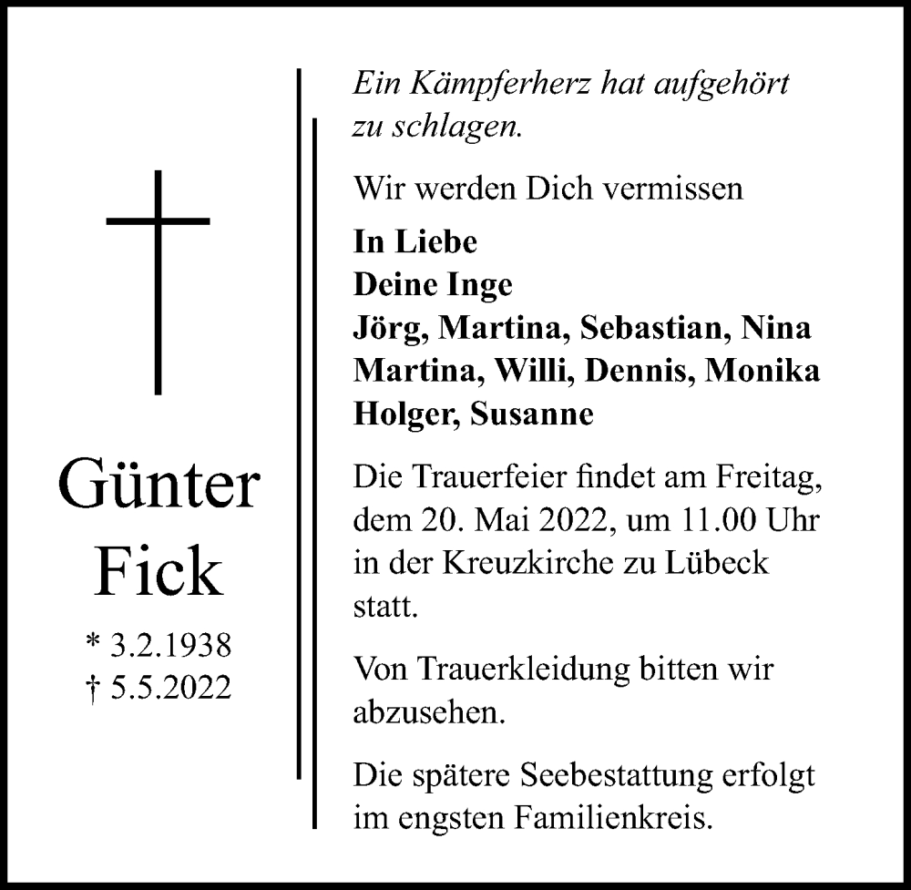  Traueranzeige für Günter Fick vom 15.05.2022 aus Lübecker Nachrichten