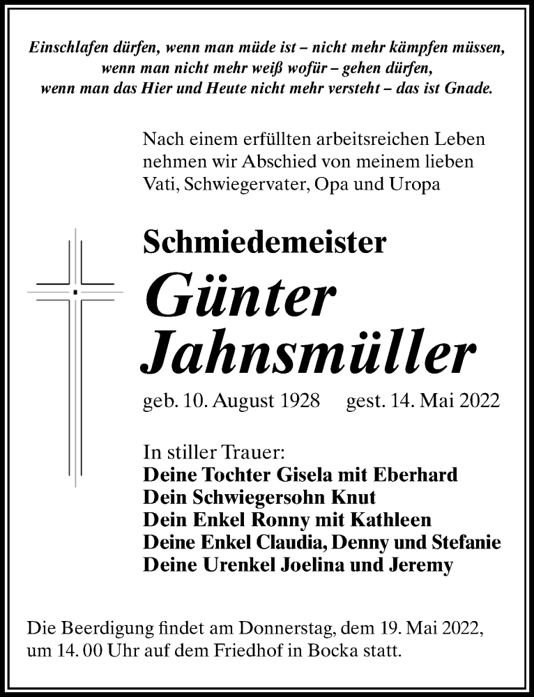  Traueranzeige für Günter Jahnsmüller vom 18.05.2022 aus Leipziger Volkszeitung