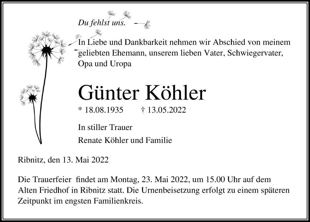  Traueranzeige für Günter Köhler vom 21.05.2022 aus Ostsee-Zeitung GmbH