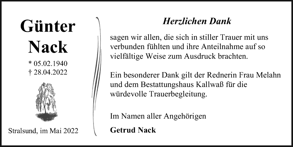  Traueranzeige für Günter Nack vom 21.05.2022 aus Ostsee-Zeitung GmbH