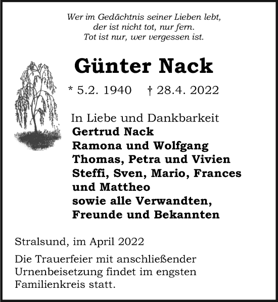 Traueranzeige von Günter Nack von Ostsee-Zeitung GmbH