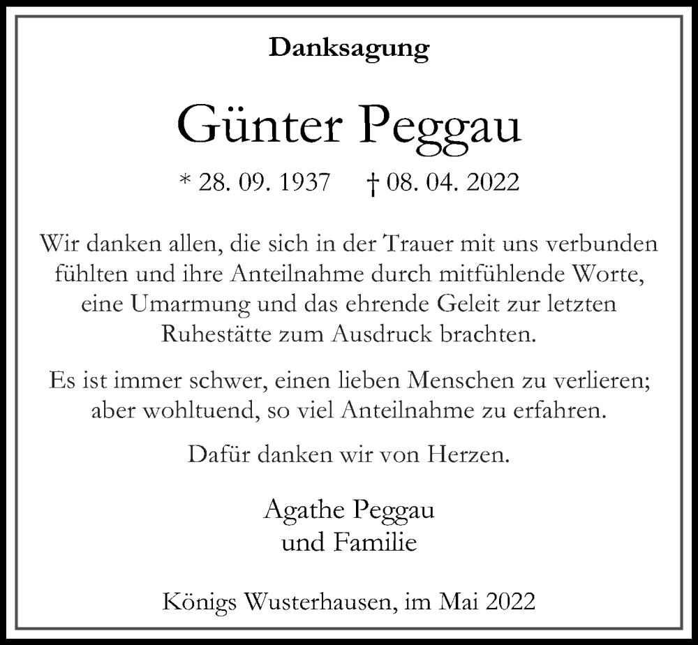  Traueranzeige für Günter Peggau vom 21.05.2022 aus Märkischen Allgemeine Zeitung