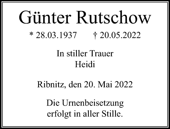 Traueranzeige von Günter Rutschow von Ostsee-Zeitung GmbH