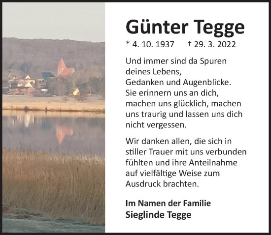 Traueranzeige von Günter Tegge von Ostsee-Zeitung GmbH