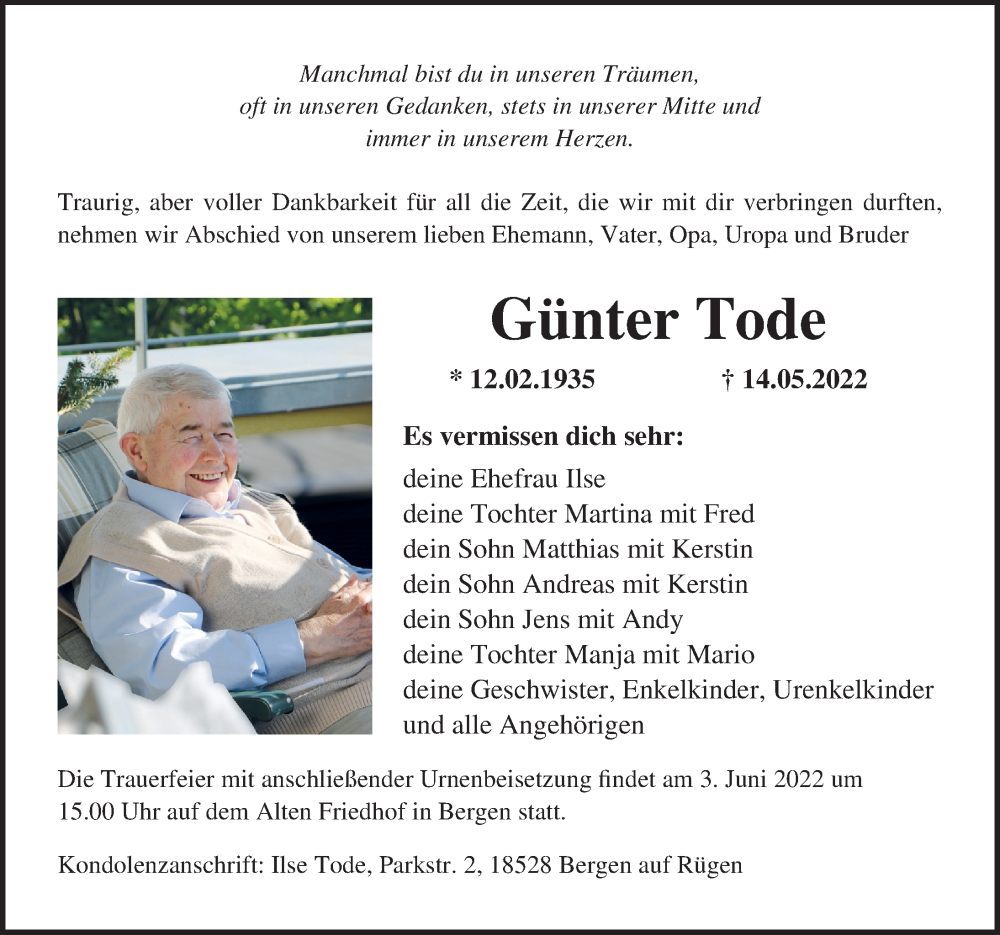  Traueranzeige für Günter Tode vom 21.05.2022 aus Ostsee-Zeitung GmbH