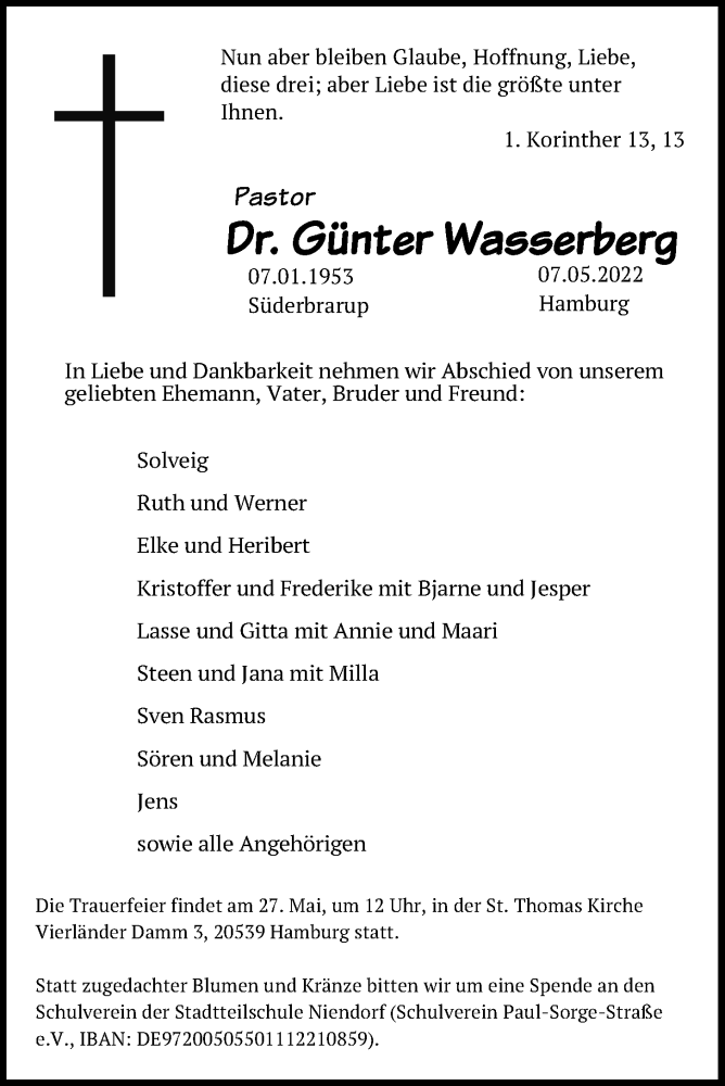  Traueranzeige für Günter Wasserberg vom 17.05.2022 aus Kieler Nachrichten