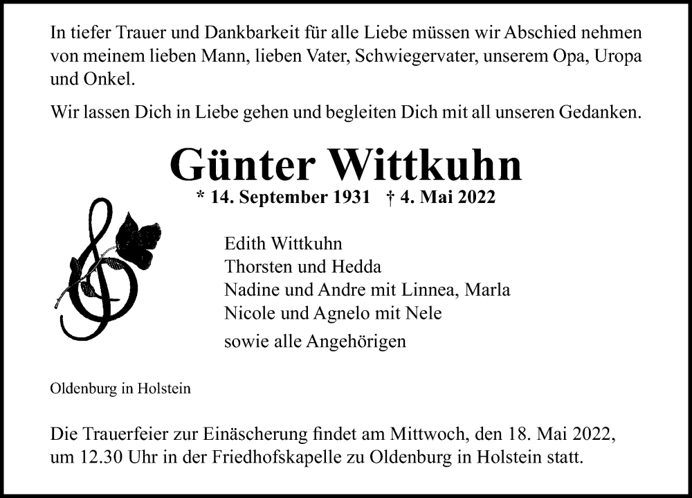  Traueranzeige für Günter Wittkuhn vom 11.05.2022 aus Lübecker Nachrichten
