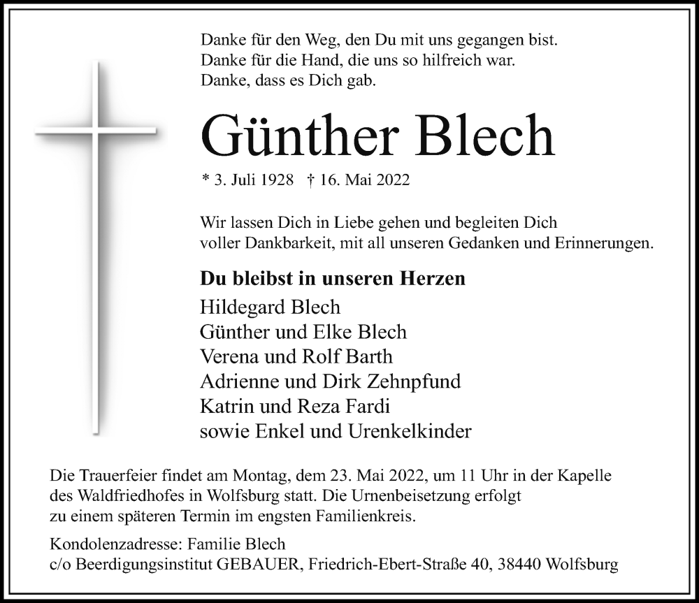  Traueranzeige für Günther Blech vom 21.05.2022 aus Aller Zeitung