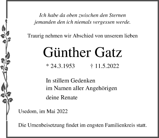 Traueranzeige von Günther Gatz von Ostsee-Zeitung GmbH