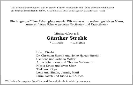 Traueranzeige von Günther Strehk von Kieler Nachrichten
