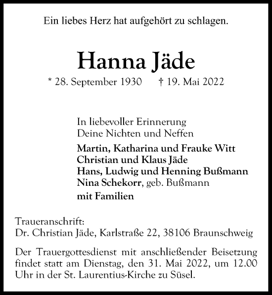 Traueranzeige von Hanna Jäde von Lübecker Nachrichten