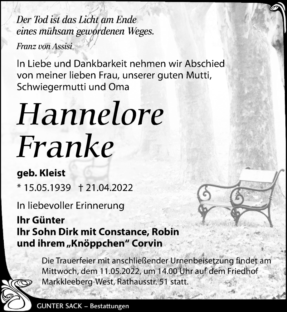  Traueranzeige für Hannelore Franke vom 07.05.2022 aus Leipziger Volkszeitung