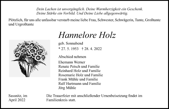 Traueranzeige von Hannelore Holz von Ostsee-Zeitung GmbH