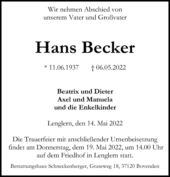 Traueranzeige von Hans Becker von Göttinger Tageblatt