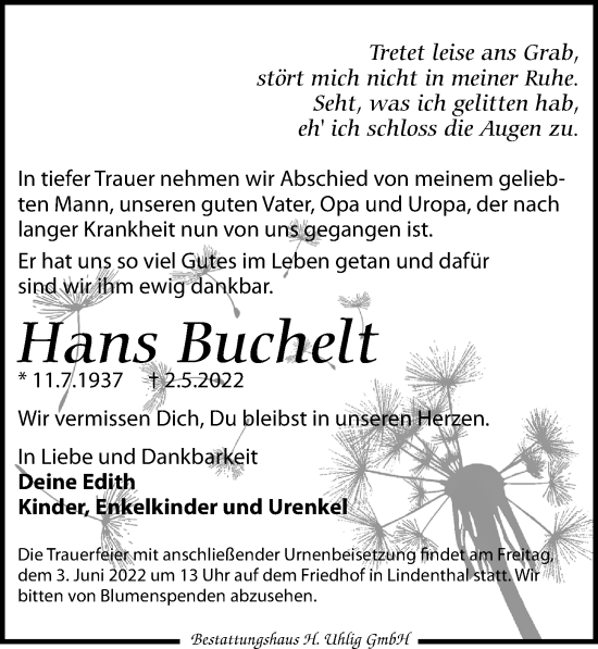 Traueranzeige von Hans Buchelt von Leipziger Volkszeitung