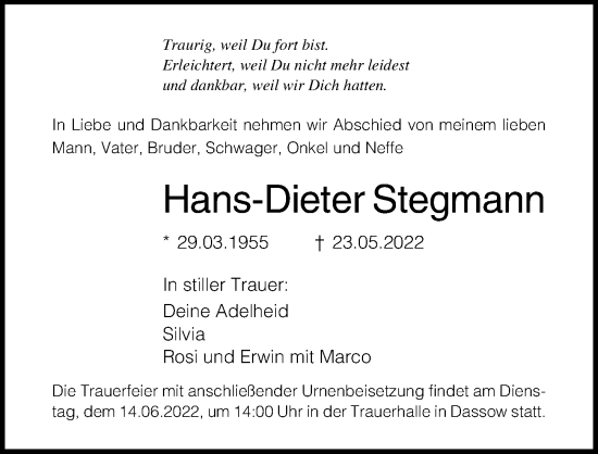 Traueranzeige von Hans-Dieter Stegmann von Ostsee-Zeitung GmbH