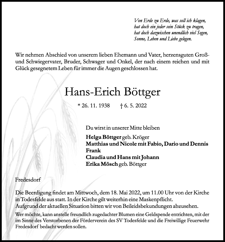  Traueranzeige für Hans-Erich Böttger vom 10.05.2022 aus Kieler Nachrichten