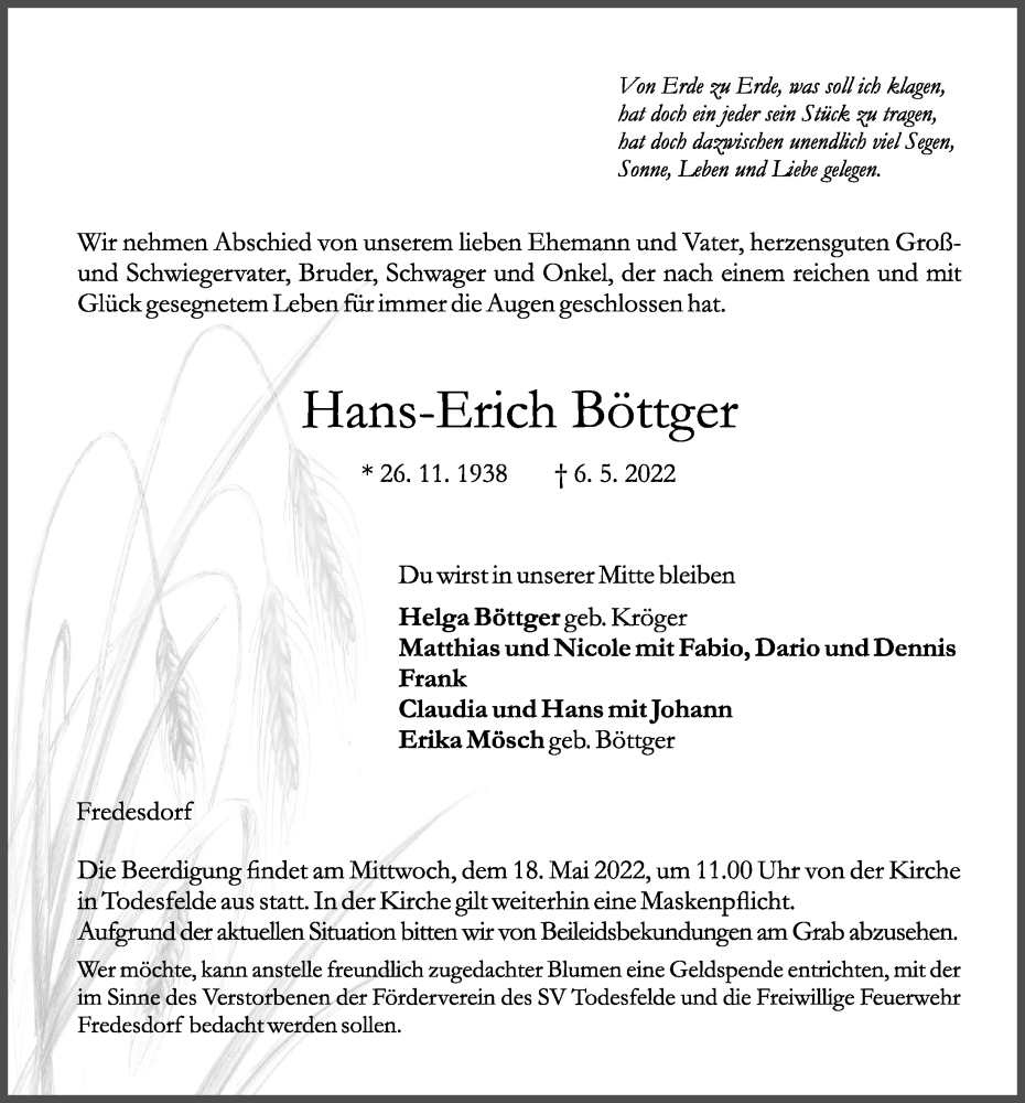  Traueranzeige für Hans-Erich Böttger vom 14.05.2022 aus Kieler Nachrichten