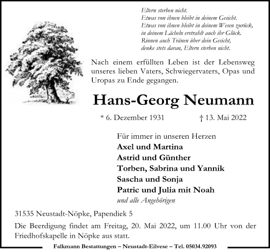 Traueranzeige von Hans-Georg Neumann von Hannoversche Allgemeine Zeitung/Neue Presse