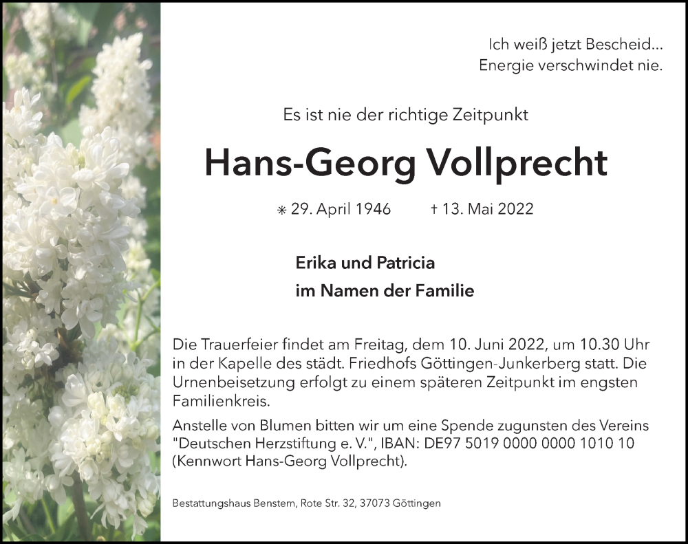  Traueranzeige für Hans-Georg Vollprecht vom 21.05.2022 aus Göttinger Tageblatt