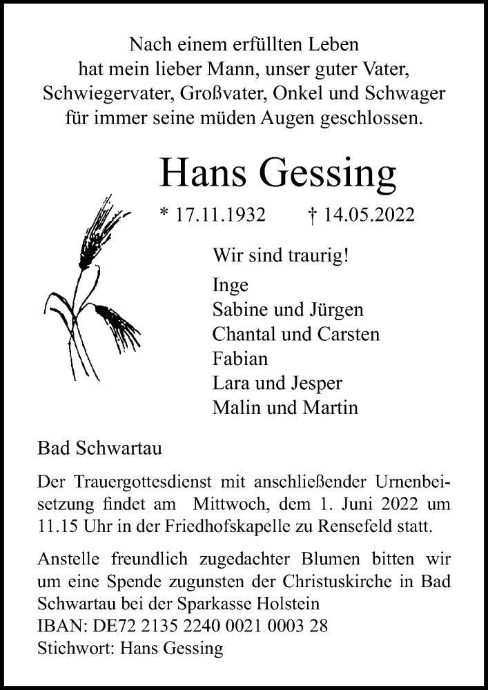  Traueranzeige für Hans Gessing vom 22.05.2022 aus Lübecker Nachrichten