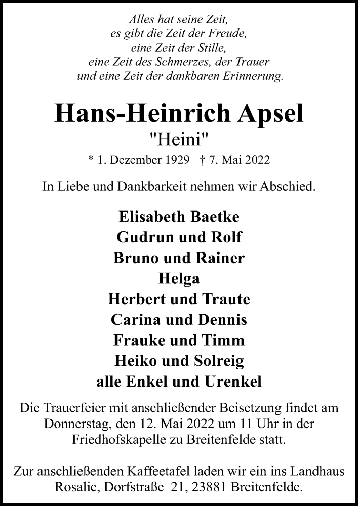  Traueranzeige für Hans-Heinrich Apsel vom 11.05.2022 aus Lübecker Nachrichten